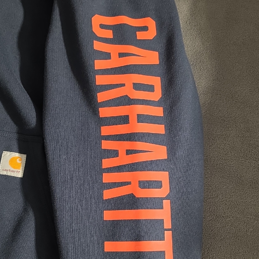 Carhartt Navy Hoodie with Bright Orange Sleeve Text